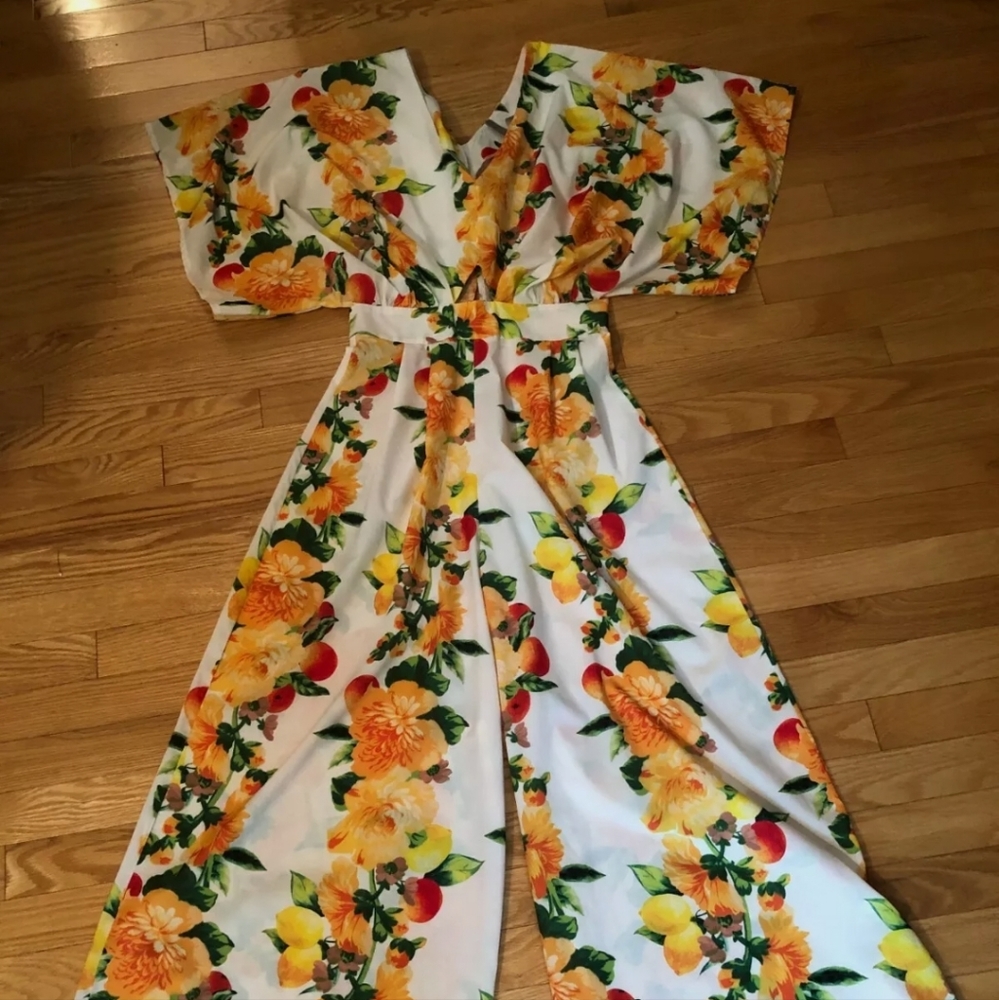 ASOS Kimono Sleeve Jumpsuit Wide Leg Peach Lemon Floral  Bold Orange Yellow Sz 2
